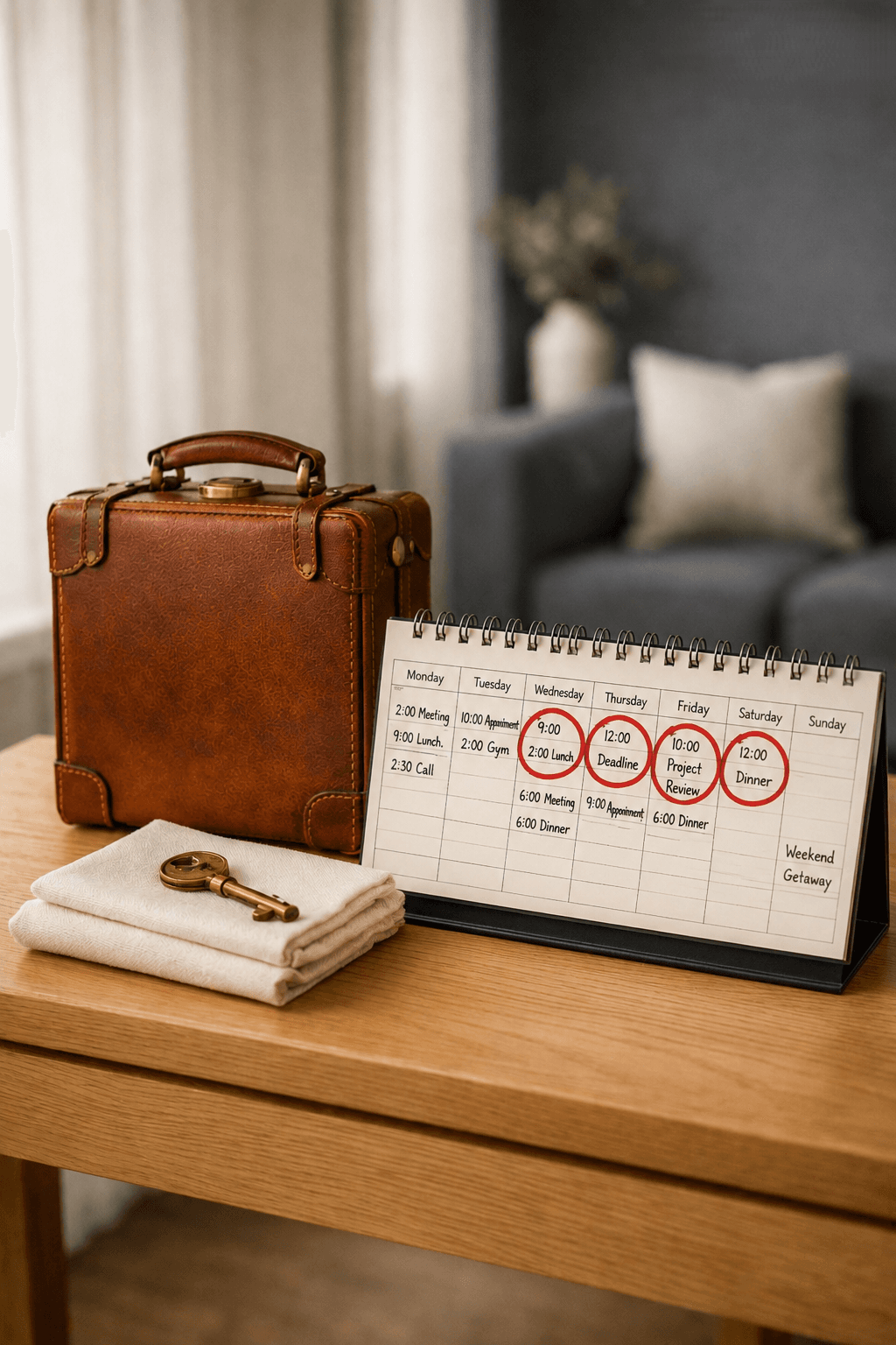 A packed weekday calendar next to a suitcase and key, symbolizing the flexibility of short-term rental bookings versus a fixed long-term lease